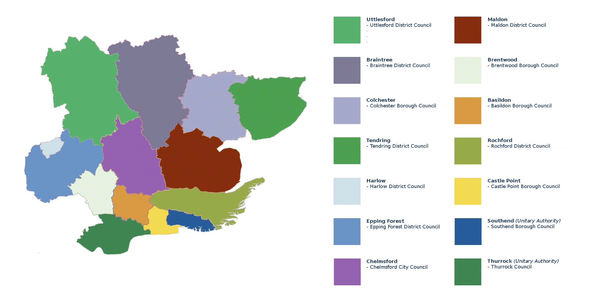 Current (2025) map of Essex authorities